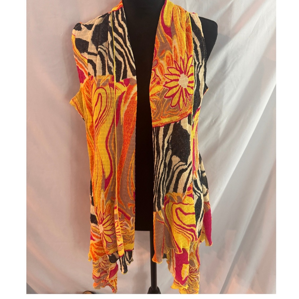 Pleats Collection Pings Imports Animal Floral Print Plisse Vest Orange Yellow M